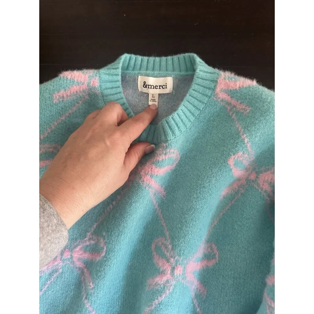 &merci Diamond Ribbon Bow Pattern Knit Sweater in Teal Pink Large - Picture 3 of 4